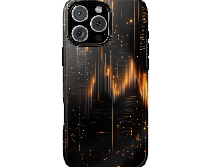 Golden Skyline Data Pulse Equalizer Synth Wave Art Phone Case: iPhone, Galaxy, Pixel - Lifetime Warranty