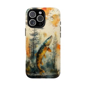 Pike Leaping Fish Watercolor Fishing Forest Art - Impact Phone Case for iPhone Magsafe Compatible | Galaxy | Pixel