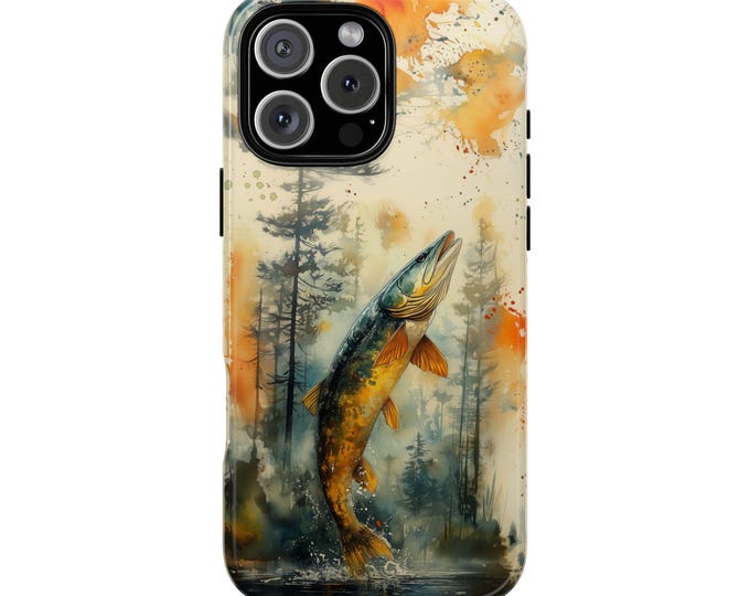 Pike Leaping Fish Watercolor Fishing Forest Art Phone Case: iPhone, Samsung Galaxy, Pixel - Lifetime Warranty
