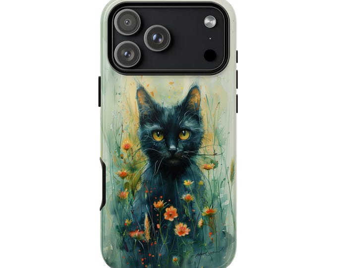 Black Cat Watercolor Flower Green Phone Case for iPhone | Samsung Galaxy | Google Pixel