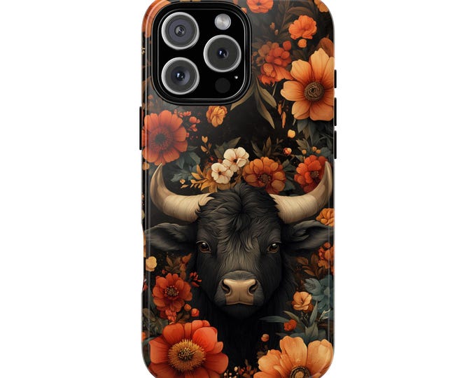 Boho Bull Orange Flowers Phone Case: iPhone, Galaxy, Pixel - Lifetime Warranty