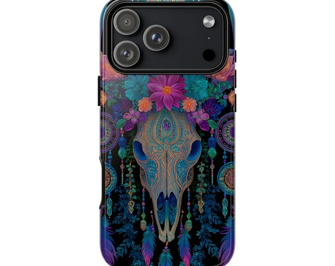 Mystical Deer Skull Neon Floral Phone Case: iPhone, Galaxy, Pixel - Lifetime Warranty