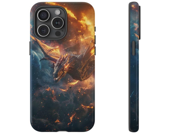Phone Case for Galaxy, iPhone, Pixel | Gold Stellar Dragon Flaming Cosmos Dragin Flying Amidst Stars and Galaxies | Tough Cover Protector