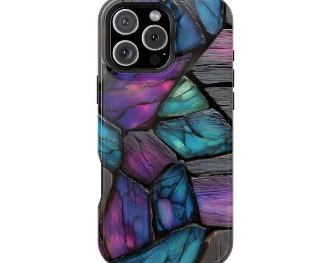 Vibrant Purple Blue Glass Charred Oak Phone Case: iPhone, Galaxy, Pixel - Lifetime Warranty