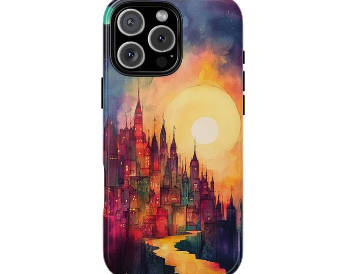 Dream City Watercolor Sunset Town Phone Case: iPhone, Galaxy, Pixel - Lifetime Warranty