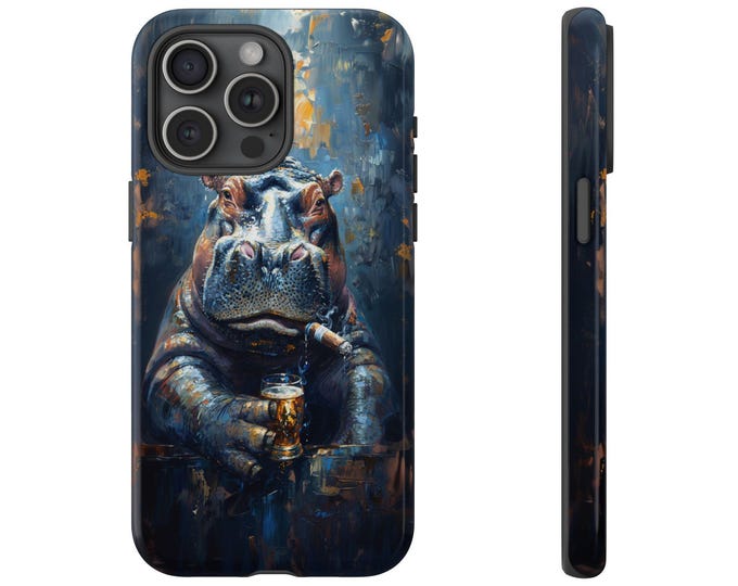 Hippo Smoking Cigar Drinking Beer Hippopotamus Tough Cover | Shockproof Phone Case for iPhone (MagSafe Wireless) | Samsung Galaxy | Pixel