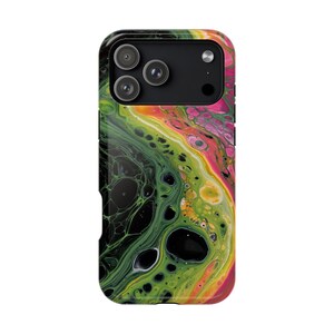 May include: A smartphone case featuring an abstract fluid paint design with swirling patterns of lime green, black, yellow, and hot pink. The case has a rectangular shape with rounded corners and a cutout for a triple-lens camera system.