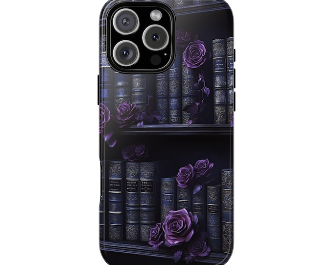 Gothic Book Shelf Purple Rose Flowers Phone Case: iPhone, Galaxy, Pixel - Lifetime Warranty