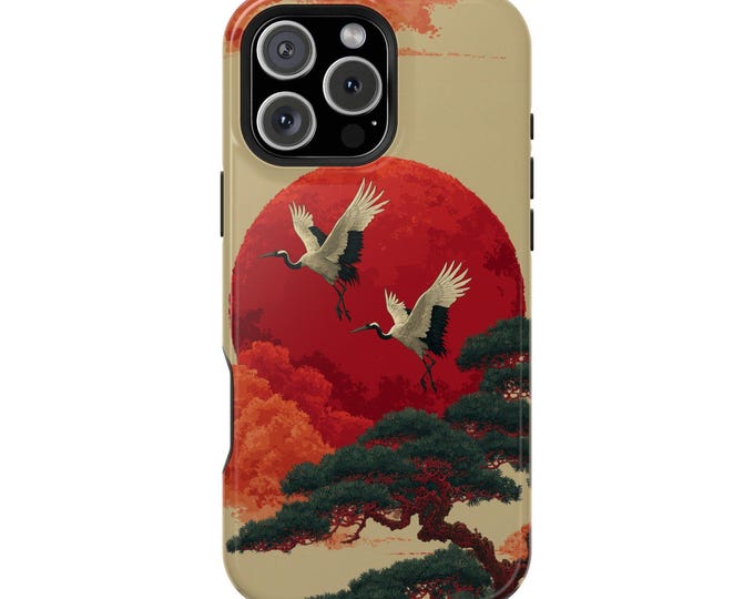 Cranes Birds Flying Red Sun Trees Phone Case: iPhone, Galaxy, Pixel - Lifetime Warranty