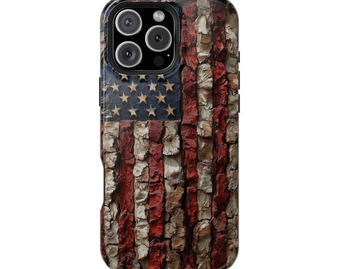 American Flag Bark Wood UV Print Phone Case: iPhone, Galaxy, Pixel - Lifetime Warranty