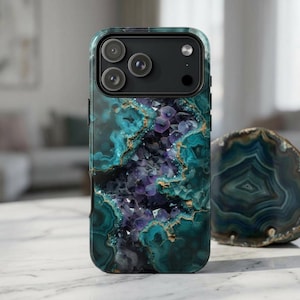 Teal Amethyst Purple Crystal Geode Agate Phone Case with Screen Protector: iPhone 17 Pro Max 17e 16 15 14 13, Galaxy S26 S25 S24, Pixel 10
