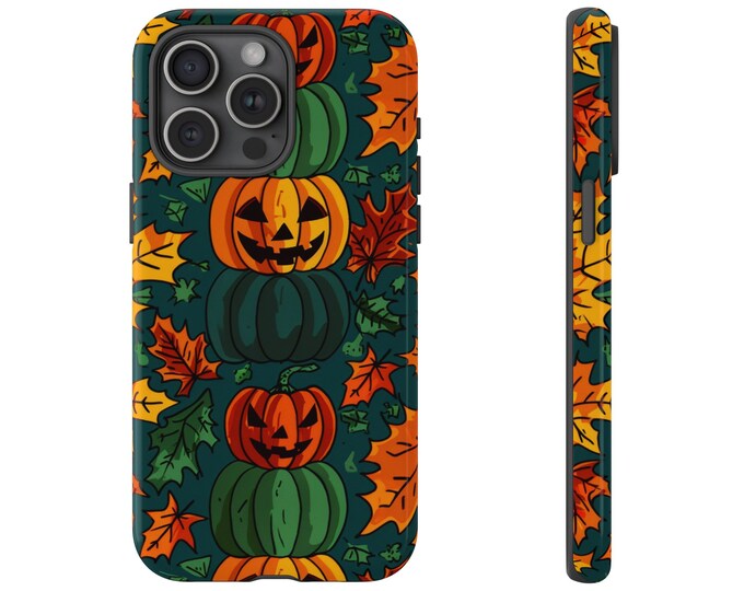 Green Halloween Pumpkin Pattern Phone Case - Spooky Fall Phone Cover - Leaves Holiday Decoration Phone Case - iPhone, Pixel, Samsung Galaxy