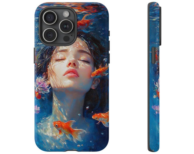 Girl Underwater Fish Pond Phone Case | iPhone, Samsung Galaxy, Pixel | Goldfish Woman Swimming Koi Fish Oil Painting Design Tough Cover