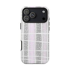 May include: A phone case with a white and gray grid pattern, accented with small white dots. The case has a black camera module with three lenses and a black side button.