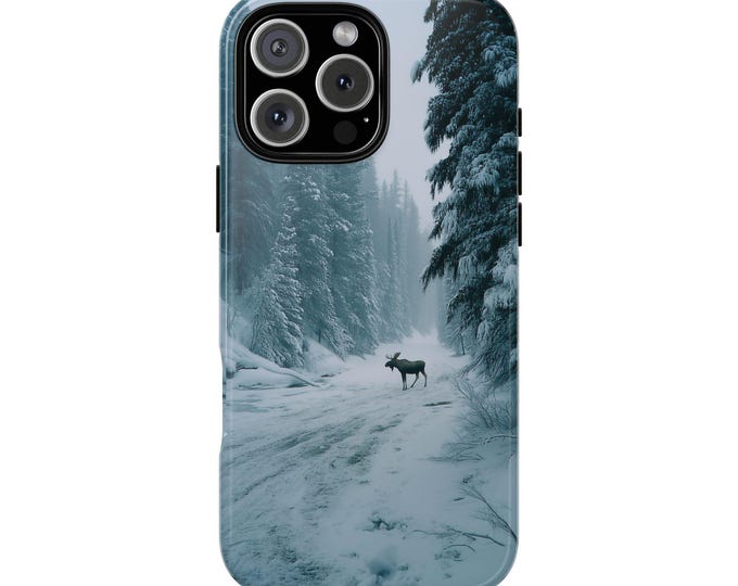 Moose Snowy Pine Forest Woods Snow Landscape Phone Case: iPhone, Samsung Galaxy, Pixel - Lifetime Warranty
