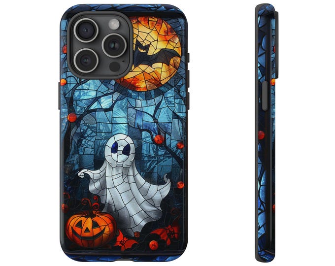 Ghost Halloween Pumpkin Bat Stained Glass Phone Case: iPhone, Galaxy, Pixel - Lifetime Warranty