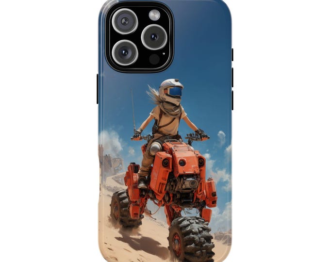Girl Riding Futuristic Bike Sand Dunes Phone Case: iPhone, Galaxy, Pixel - MagSafe Compatible