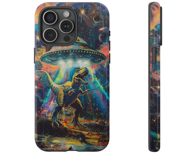 UFO Dinosaur T-Rex Abduction Art Phone Case: iPhone, Galaxy, Pixel - Lifetime Warranty