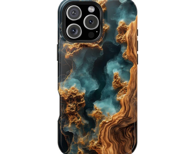 Teal Blue Wood Resin Marble Epoxy UV Print Phone Case: Tough Cover for iPhone (MagSafe Compatible), Samsung Galaxy, Pixel