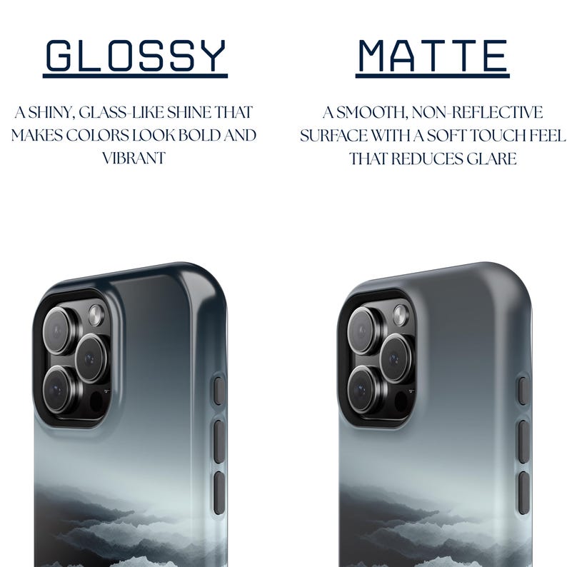 two different phone cases, one glossy and one matte, with a picture of a cloudy sky on them.
