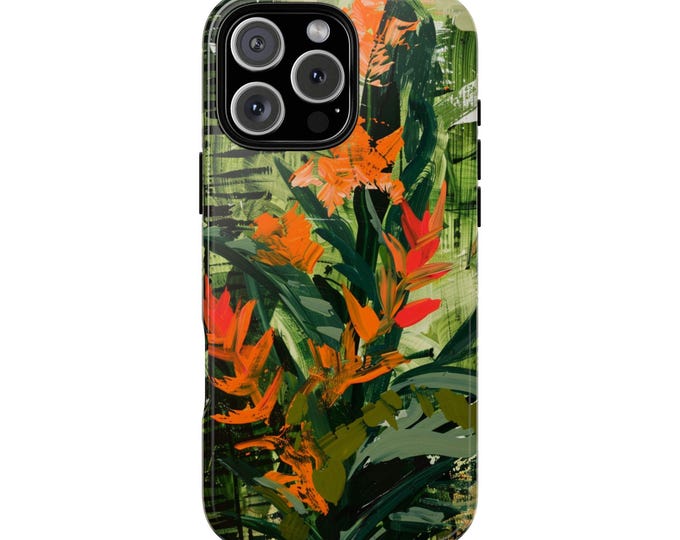 Tropical Green Orange Wild Flower Acrylic Phone Case: iPhone, Galaxy, Pixel - Lifetime Warranty