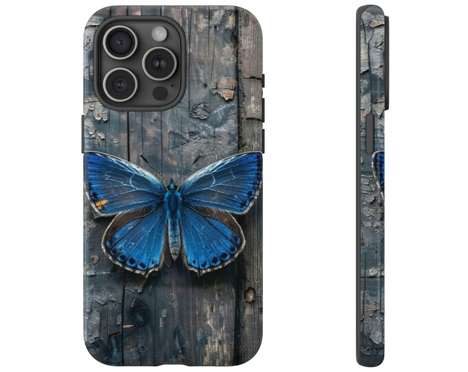 Blue Butterfly on Gray Wood Phone Case: iPhone, Galaxy, Pixel - Lifetime Warranty