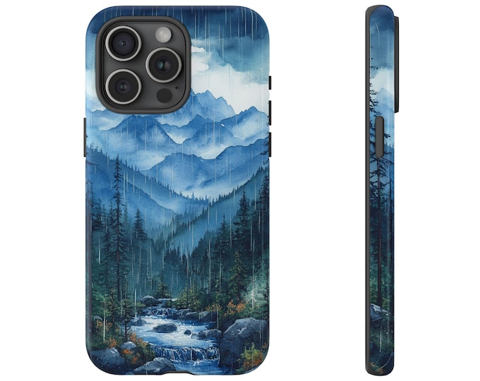 Mountain River Rain Phone Case | iPhone, Samsung Galaxy, Pixel | Wilderness Forest Storm Cloudy Sky Trees Watercolor Design | Tough Cover