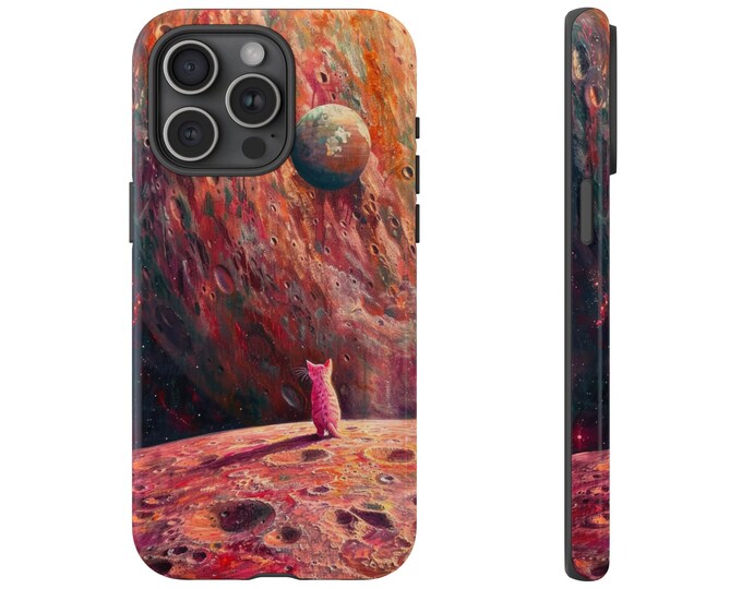 Pink Cat on Space Planet Surface Phone Case: iPhone, Galaxy, Pixel - Lifetime Warranty