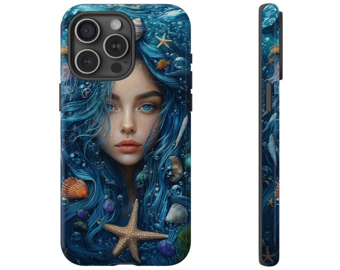 Blue Siren of the Sea Ocean Girl Shells Phone Case: iPhone, Galaxy, Pixel - Lifetime Warranty