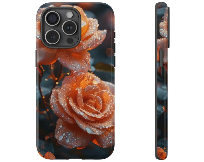Pink Orange Rose Flowers Rain Drops Dew Phone Case: iPhone, Galaxy, Pixel - Lifetime Warranty