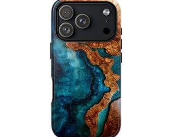 Teal Blue Wood Resin Coastal Marble Design Phone Case - Personalized, MagSafe Compatible, Lifetime Warranty