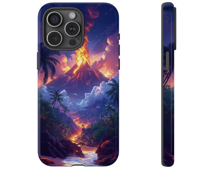 Exploding Volcano Mountain on Beach Island Phone Case: iPhone, Galaxy, Pixel - Lifetime Warranty