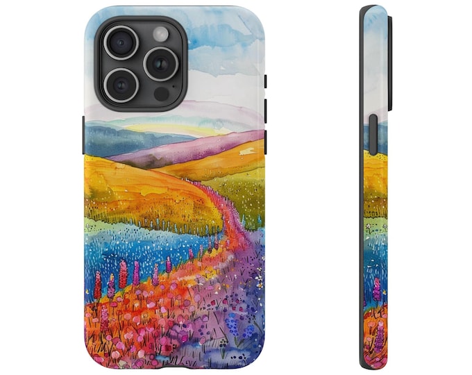 Phone Case for Galaxy, iPhone, Pixel | Rainbow Meadows Flower Field Floral Blooms Watercolor Hues Blue Sky | Dual Tough Cover