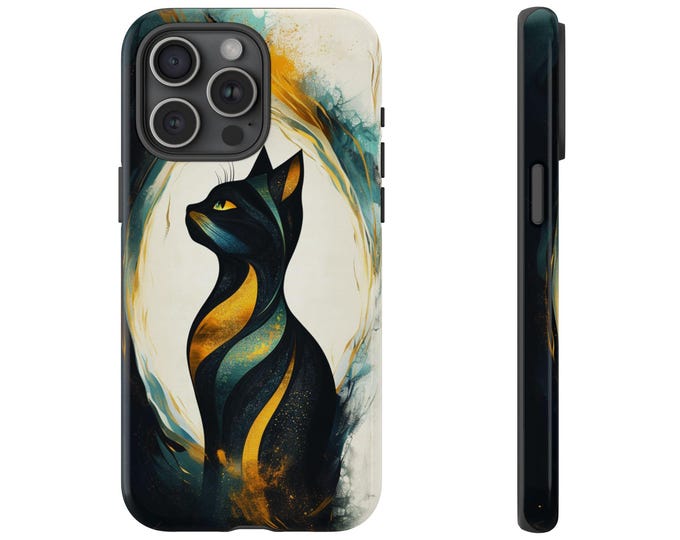 Yellow Black Cat Abstract Art Phone Case: iPhone, Galaxy, Pixel - Lifetime Warranty