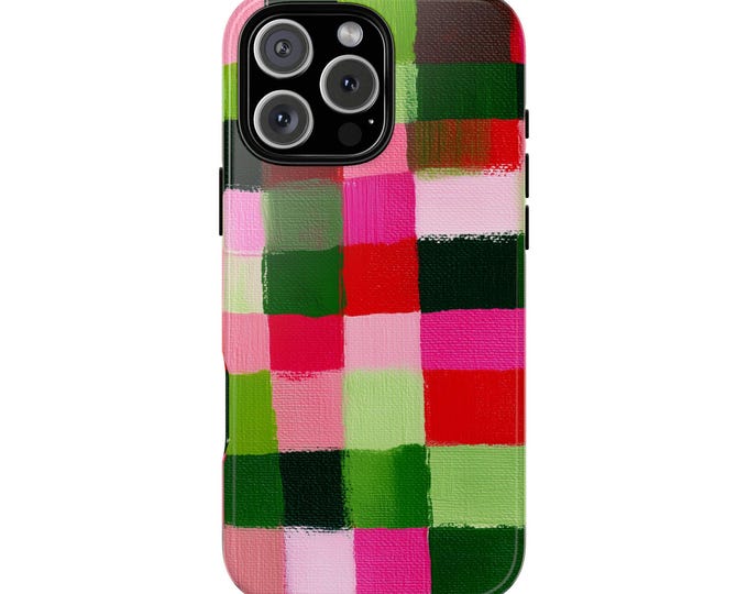 Pink Green Plaid Paint Pattern Phone Case: iPhone, Galaxy, Pixel - Lifetime Warranty