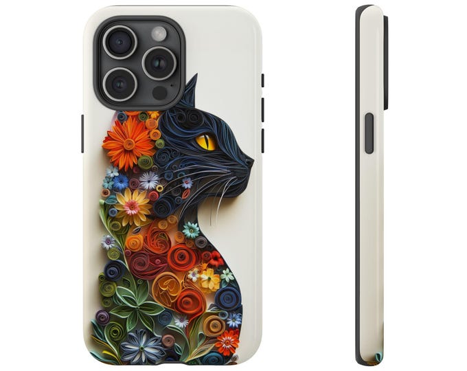 Black Cat Quilling Paper Phone Case, Flowers Silhouette Cover, Pretty Floral Kitty Design - Premium UV Print Slim Tough Cover Protector Case