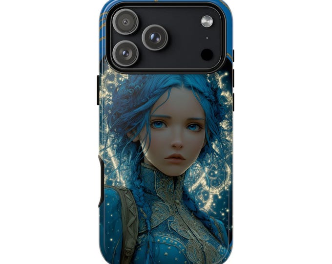 Gold Blue Hair Girl Vintage Phone Case: iPhone, Galaxy, Pixel - Lifetime Warranty