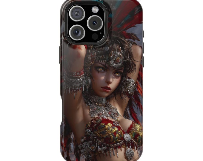 Aztec Woman Vibrant Eyes Red Feathers Phone Case: iPhone, Galaxy, Pixel - Lifetime Warranty