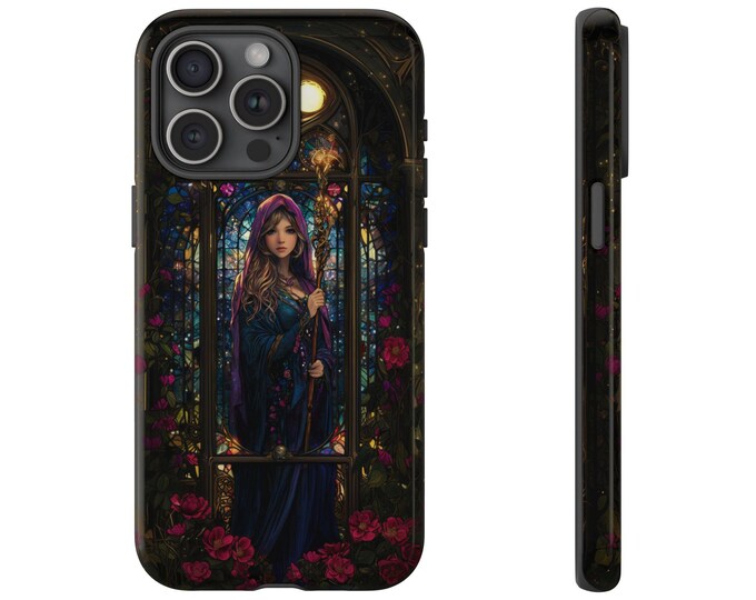 Mage Girl Wizard Phone Case, Woman Magic Staff Cover, Stained Glass Medieval Design - Premium UV Print Slim Tough Cover Protector Case