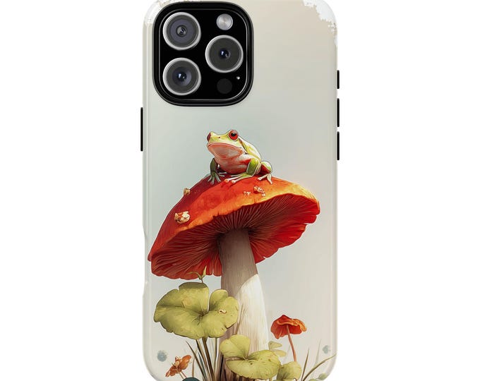 Cute Green Frog Red Mushroom Toadstool Phone Case: iPhone, Galaxy, Pixel - MagSafe Compatible