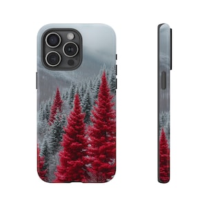 Red Pine Tree Snowy Forest Phone Case, Wilderness Woods Snow Cover, Christmas Holiday Design - Premium UV Print Tough Cover Protector Case