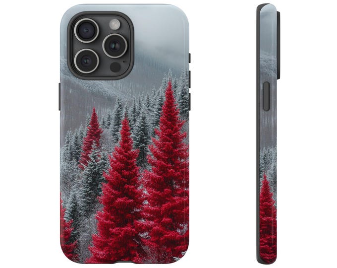 Red Pine Tree Snowy Forest Phone Case, Wilderness Woods Snow Cover, Christmas Holiday Design - Premium UV Print Tough Cover Protector Case