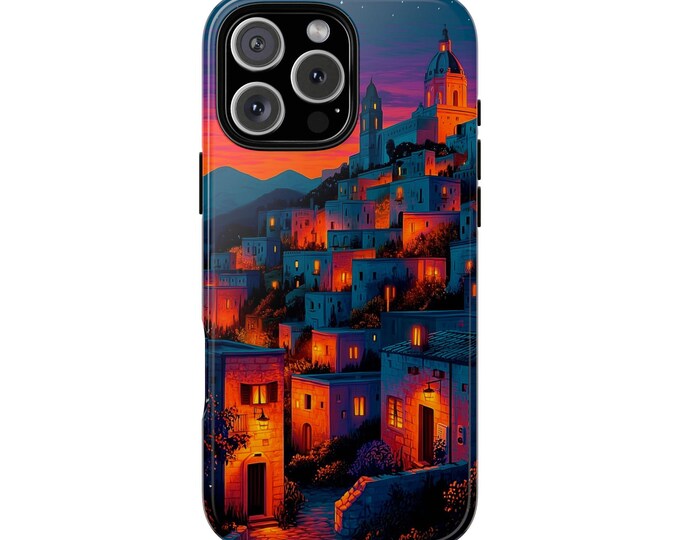 Twilight Village Town Hillside Glow Houses Abstract Phone Case: iPhone, Galaxy, Pixel - Lifetime Warranty