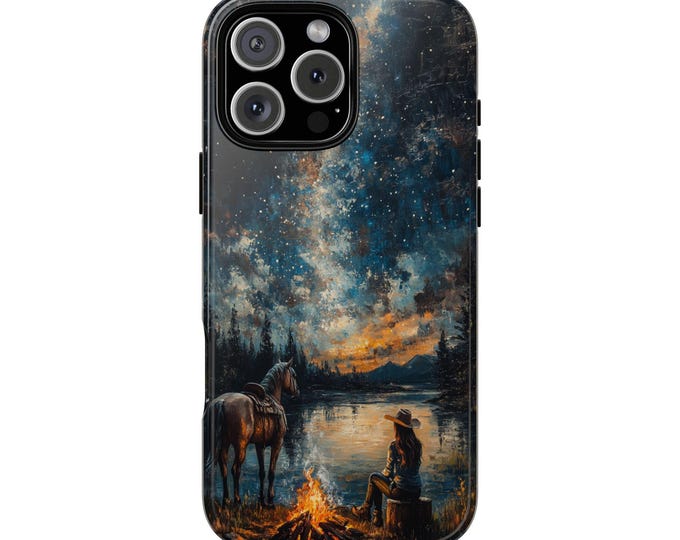 Night Sky Cowgirl Stars Campfire Phone Case: iPhone, Galaxy, Pixel - Lifetime Warranty