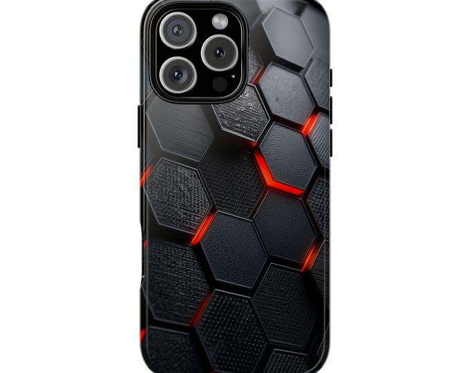 Hexagon Obsidian Carbon Fiber Red Armor Phone Case: iPhone, Galaxy, Pixel - Lifetime Warranty