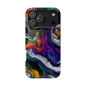 May include: A rectangular smartphone case featuring a vibrant, swirling abstract pattern of liquid paint. The design incorporates bold streaks of purple, blue, orange, green, and white against a black background, with a black camera module cutout.