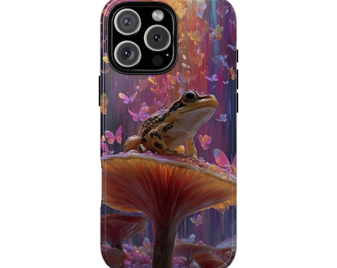 Frog on Mushroom Glitch Butterflies Phone Case: iPhone, Galaxy, Pixel - Lifetime Warranty