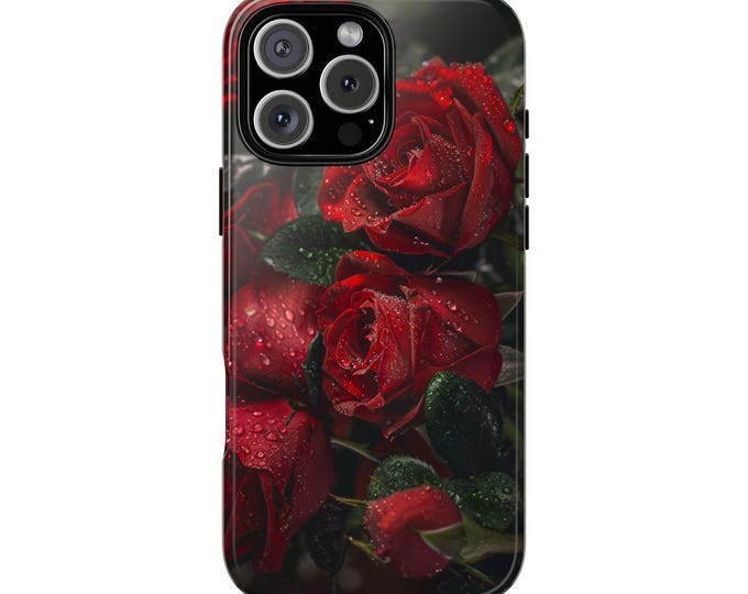 Scarlet Red Rose Flowers Wet Dew Phone Case: iPhone, Galaxy, Pixel - Lifetime Warranty