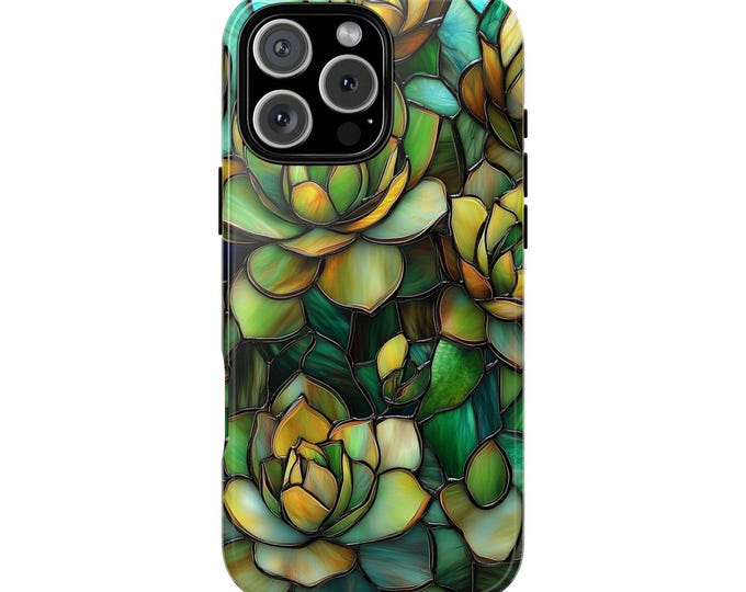 Succulents Stained Glass Green Floral Phone Case: iPhone, Galaxy, Pixel - Lifetime Warranty