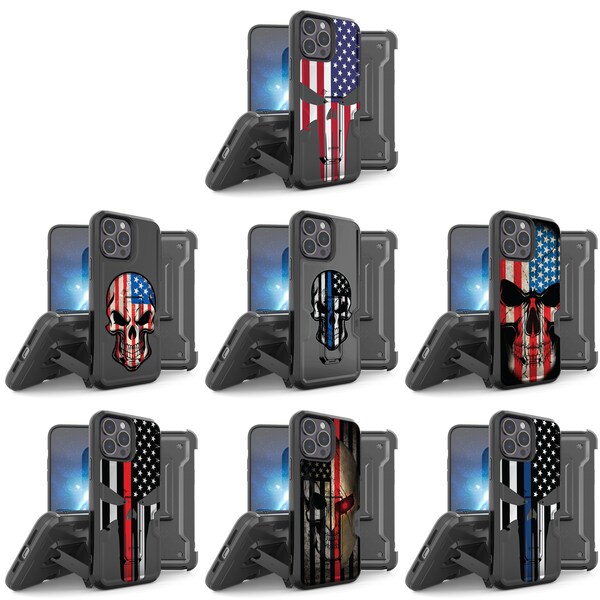 Case for iPhone 15 Pro Max, 15 Pro, 15 Plus, 15, 14, 13, 12, 11 - Heavy Duty Construction Holster Clip Armor Rugged Cover - American Skulls